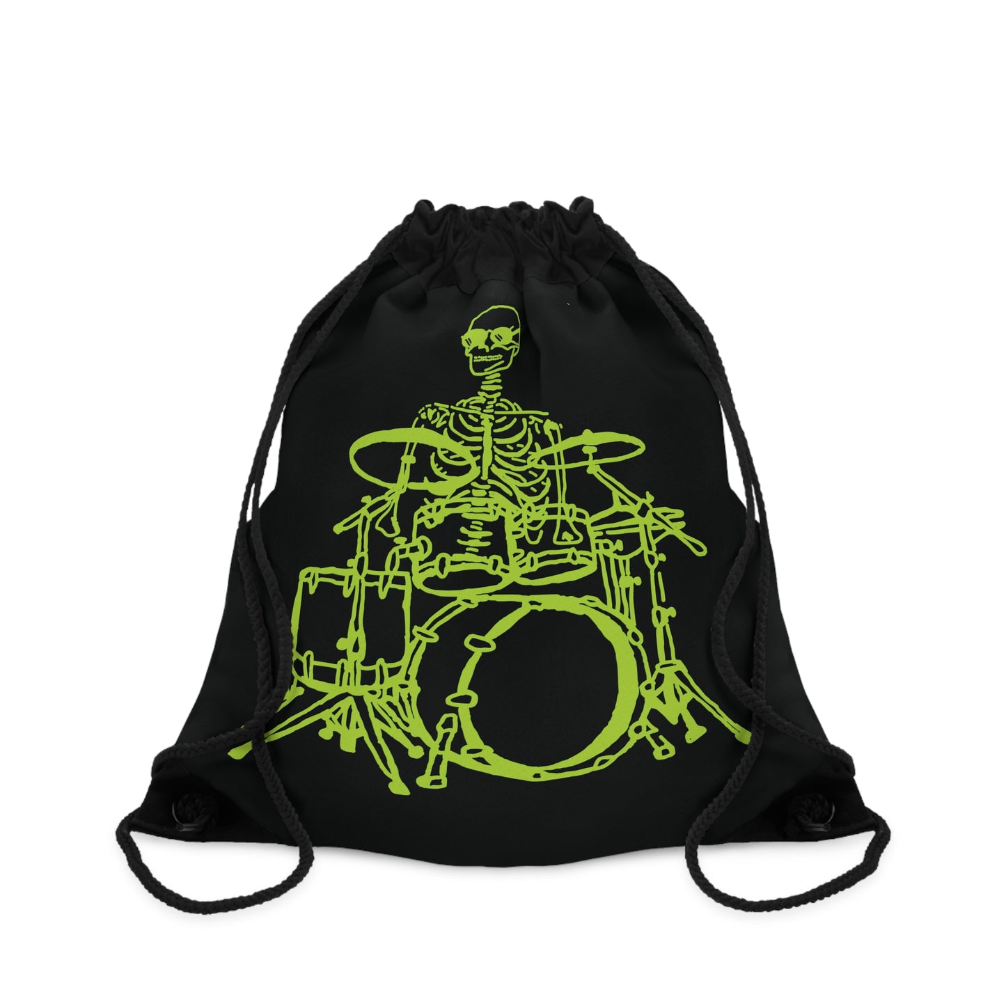 Black drawstring bag with a green skeleton playing drums design