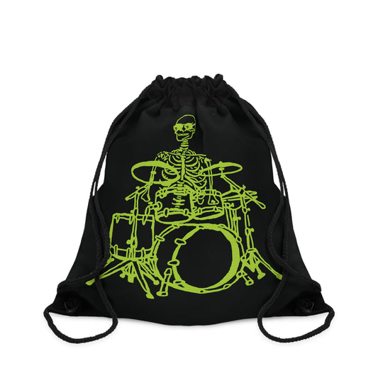Black drawstring bag with a green skeleton playing drums design