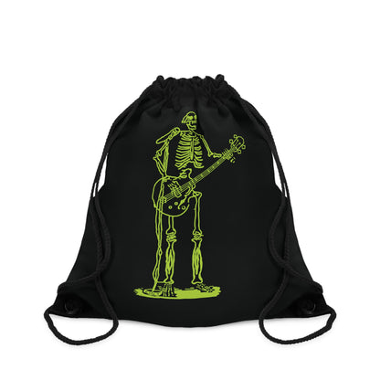 Black drawstring bag with a green skeleton playing guitar 