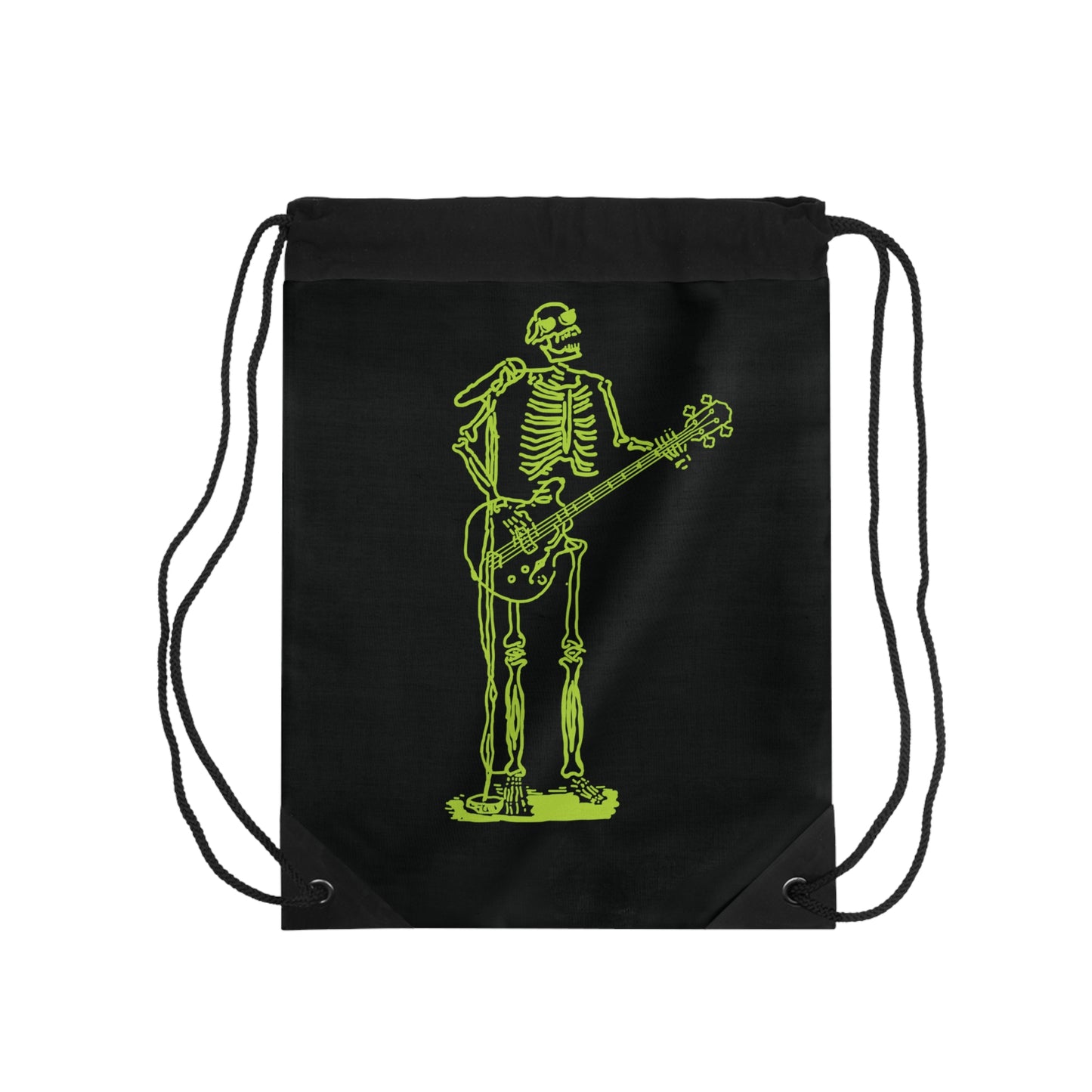 Black drawstring bag with a green skeleton playing a guitar original design 