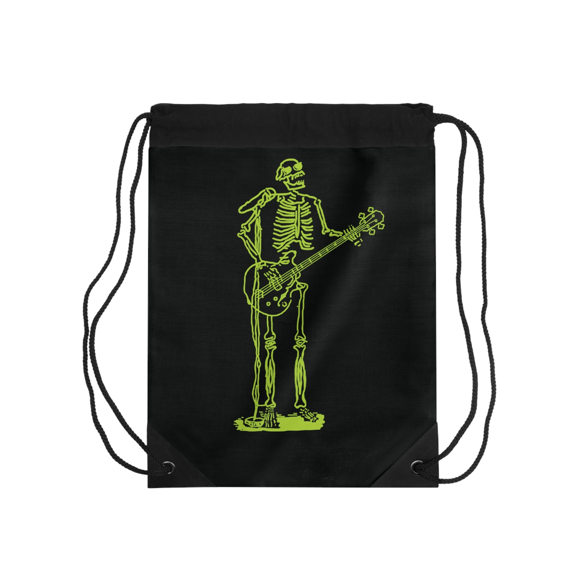 Black drawstring bag with a green skeleton playing a guitar original design 