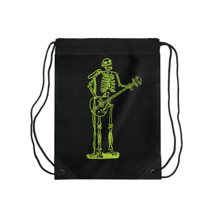 Black drawstring bag with a green skeleton playing a guitar original design 
