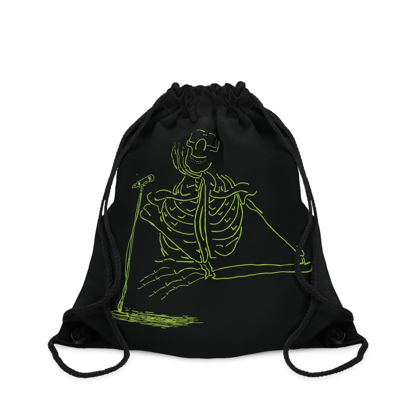 Black drawstring bag with a green skeleton design 