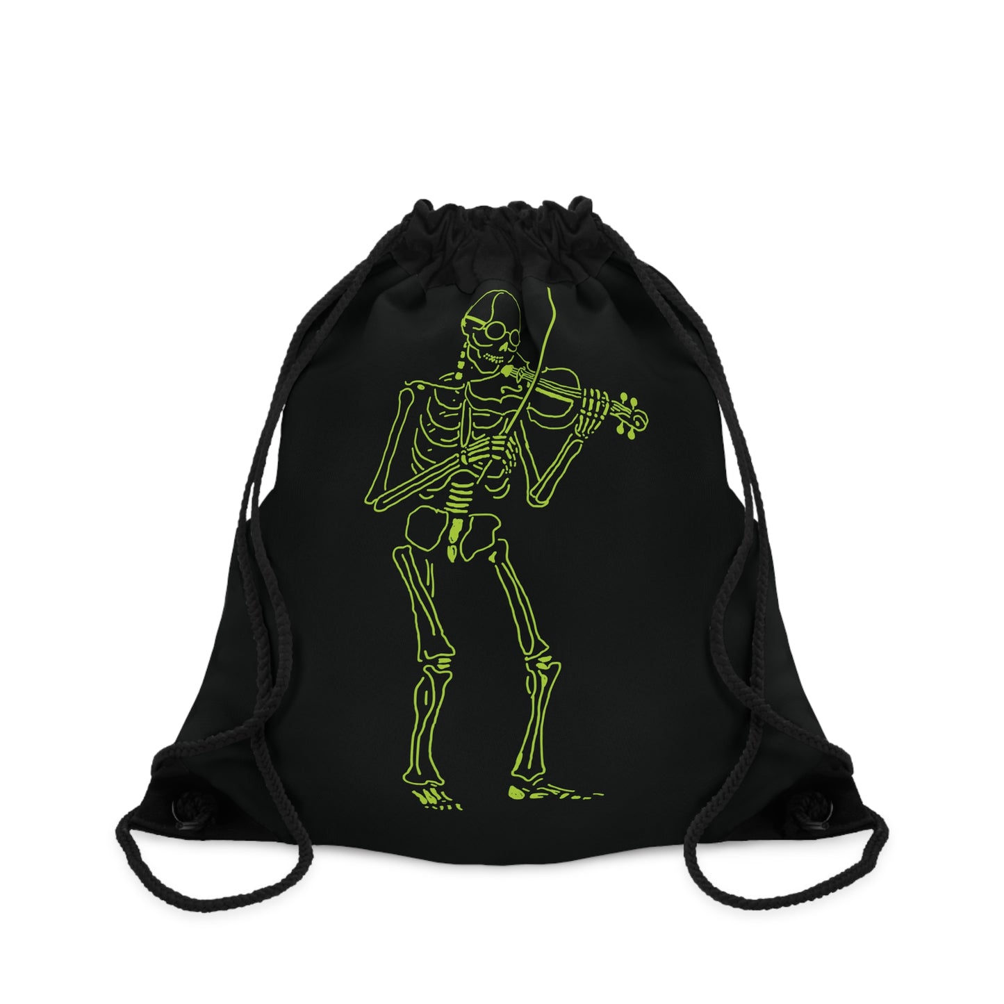 Black drawstring bag with a green skeleton playing violin design 