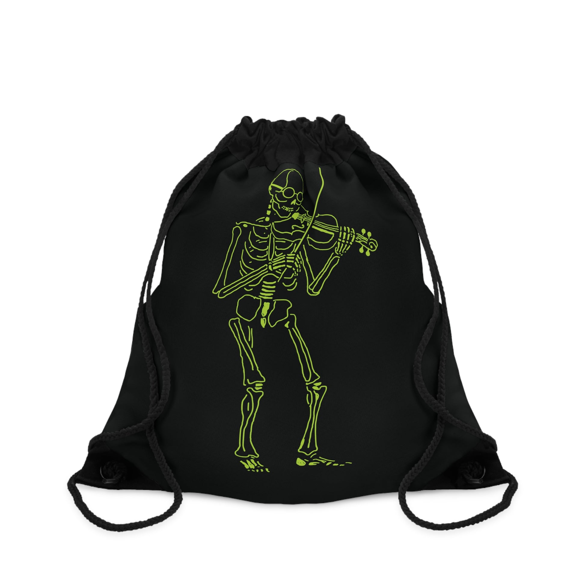 Black drawstring bag with a green skeleton playing violin design 