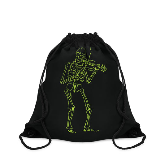 Black drawstring bag with a green skeleton playing violin design 