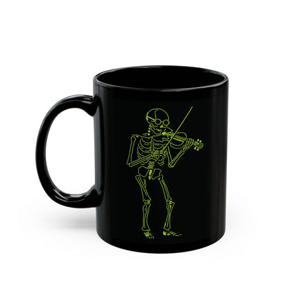 Black mug with a green skeleton playing violin design 