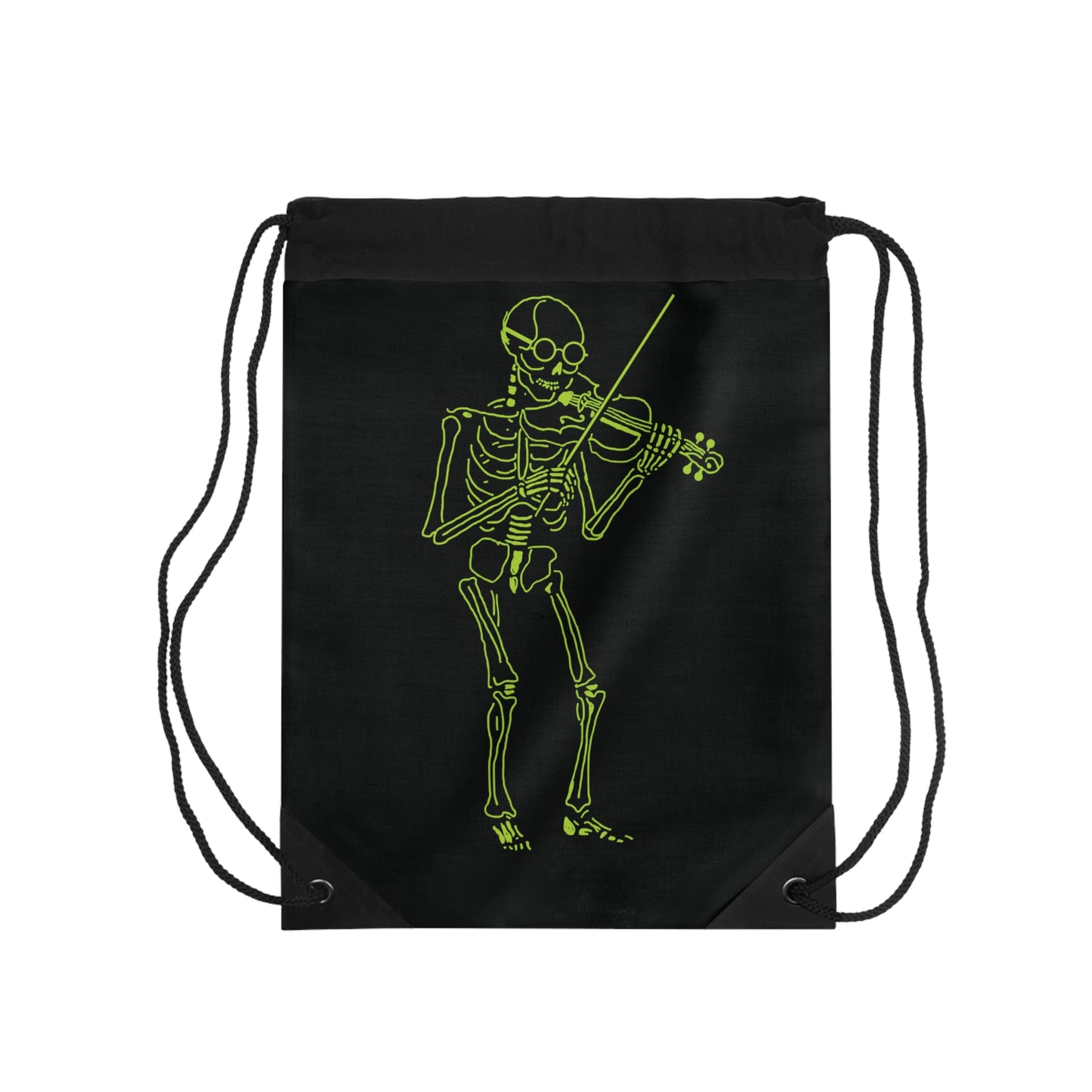 Black drawstring bag with a green skeleton playing violin unique design