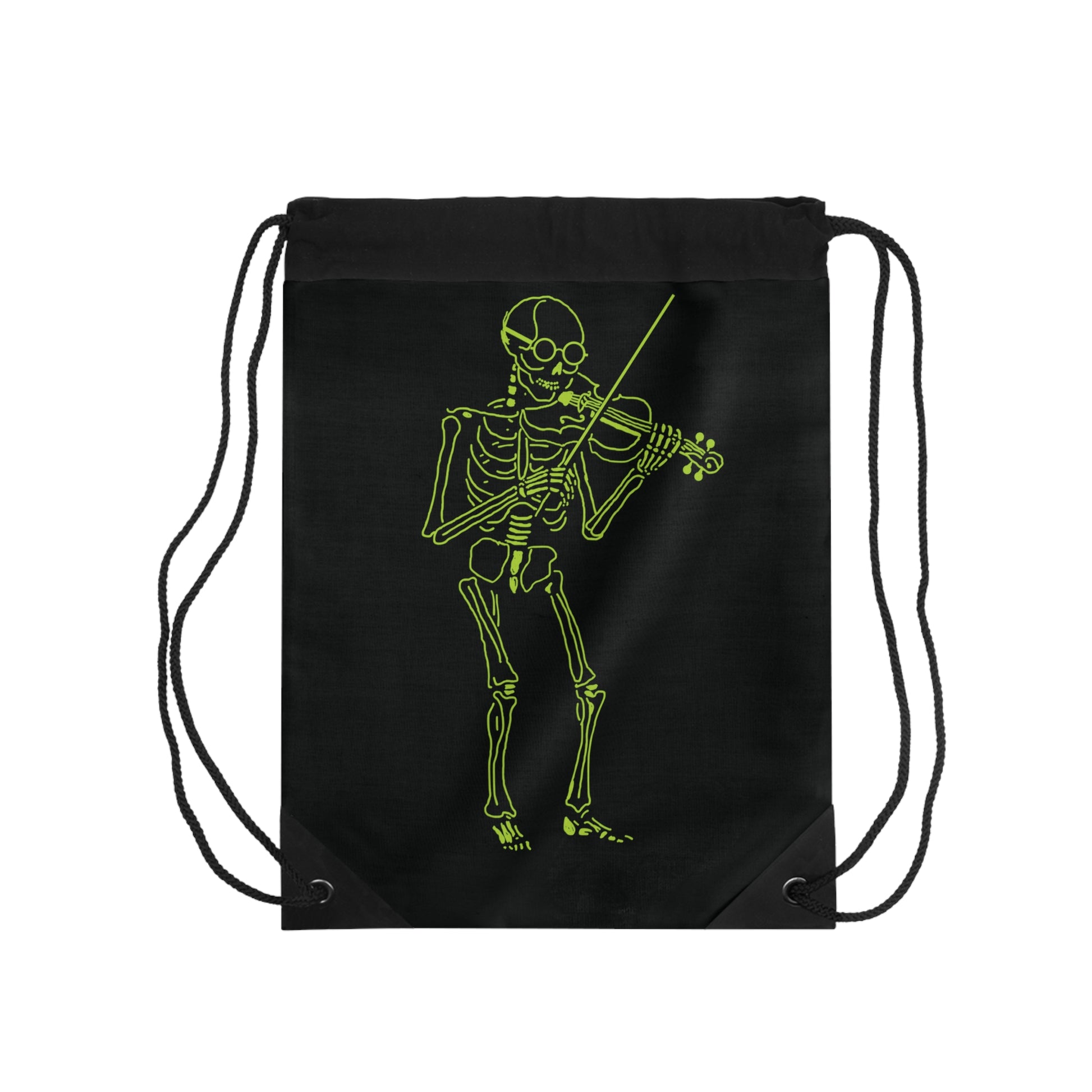 Black drawstring bag with a green skeleton playing violin unique design