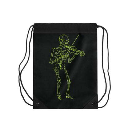 Black drawstring bag with a green skeleton playing violin unique design