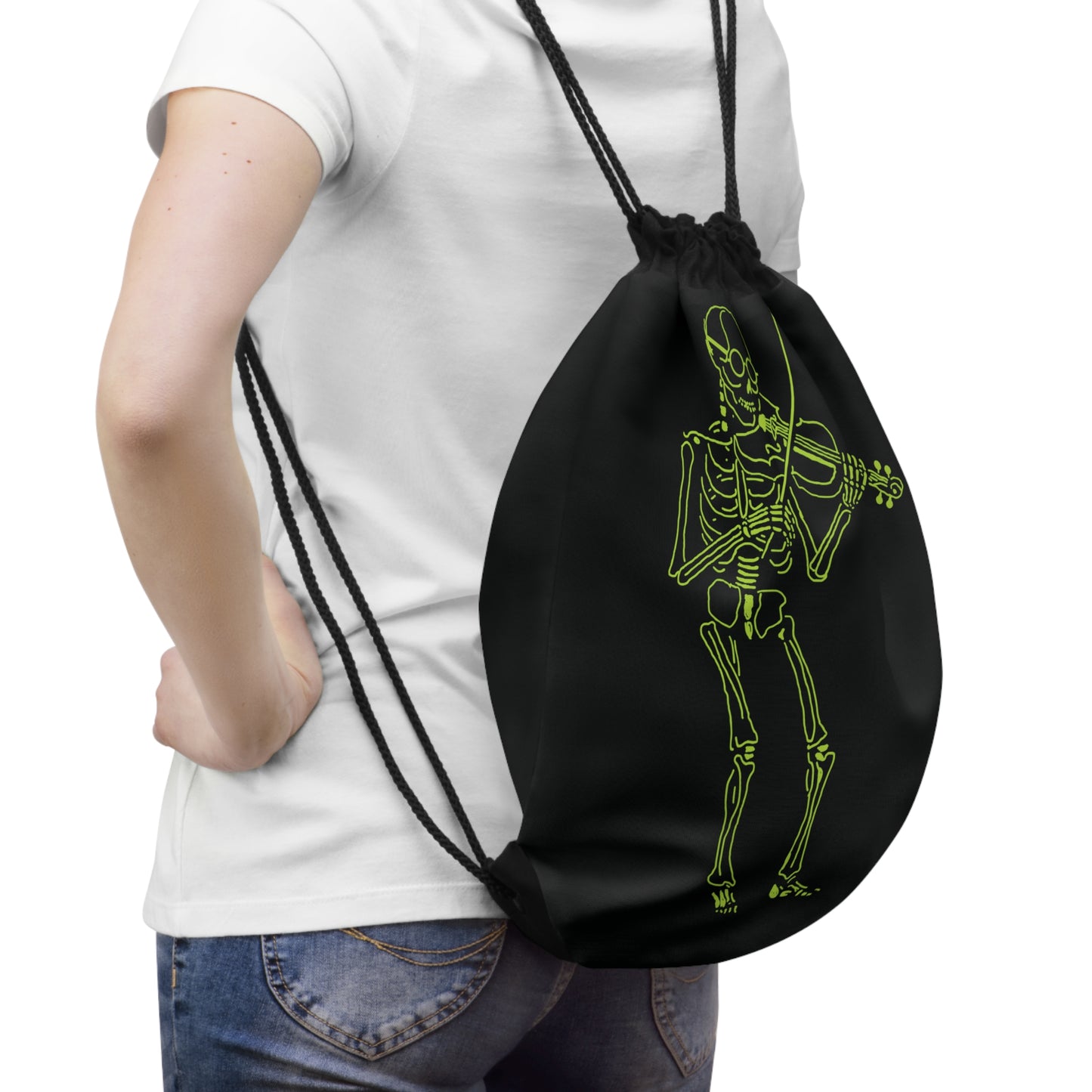 Black drawstring bag with a green skeleton design mokup