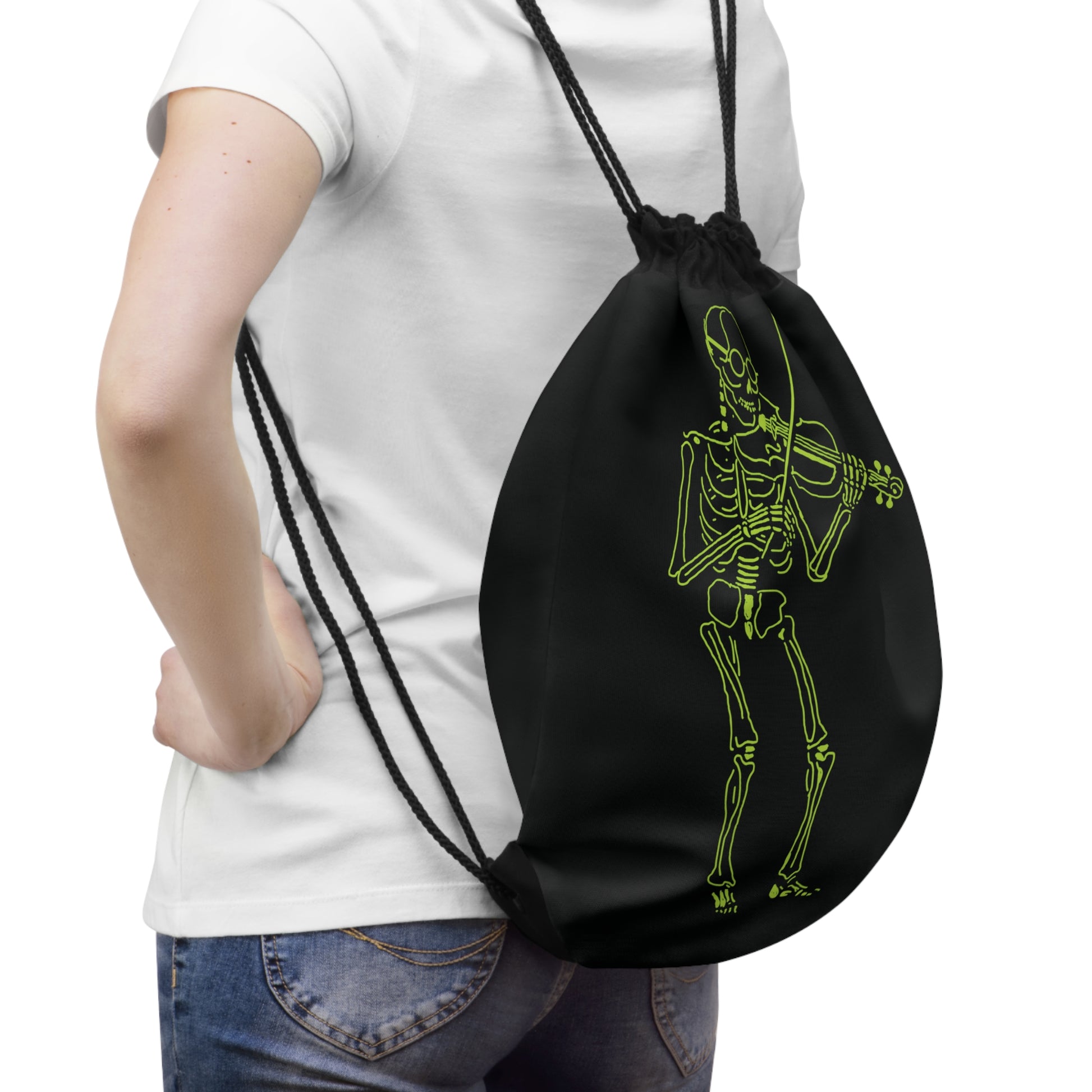 Black drawstring bag with a green skeleton design mokup