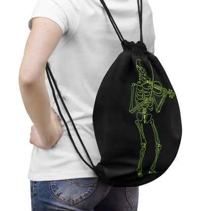 Black drawstring bag with a green skeleton design mokup