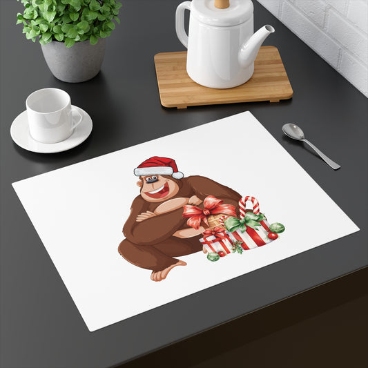Cute Christmas placemat on a modern dining table featuring a smiling gorilla in a Santa hat with wrapped holiday presents and candy canes for festive dining decor.