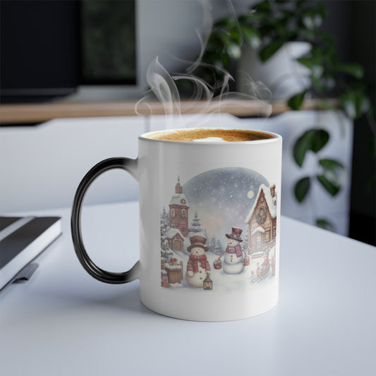 Snowman Christmas Village Magic Mug. Heat-sensitive coffee cup with festive winter village design, perfect US holiday gift.