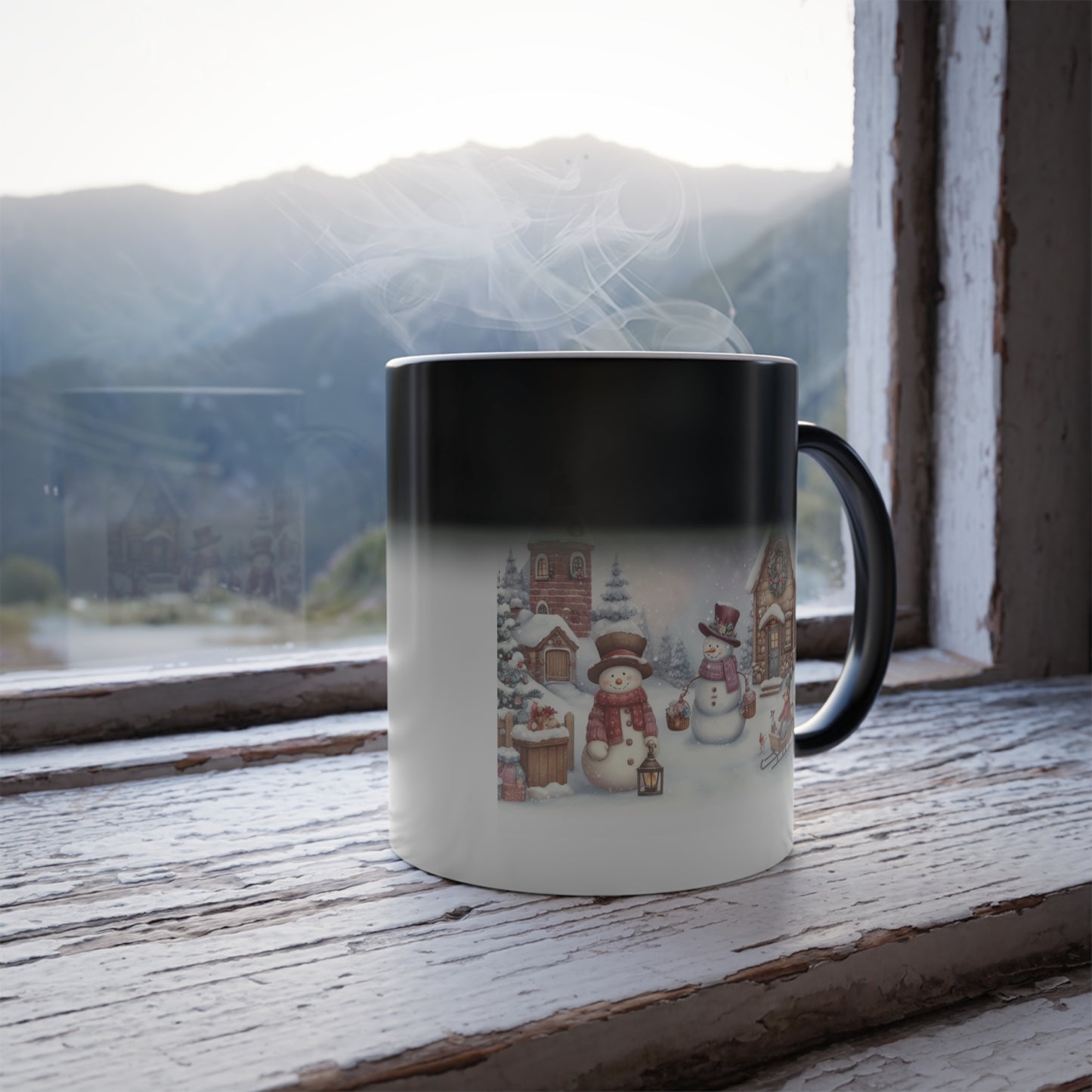 Color-changing coffee mug showing snowy Christmas village with smiling snowman. Ideal US winter home decor gift.
