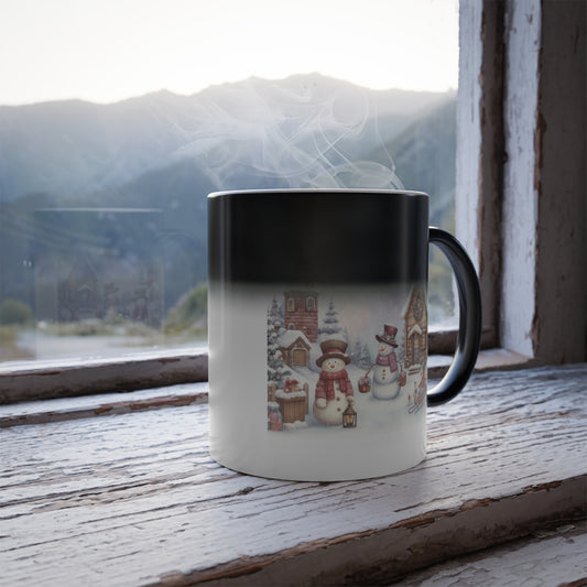 Heat sensitive color changing mug revealing a cozy winter village scene with cute snowmen on a rustic wooden windowsill with a mountain view.   