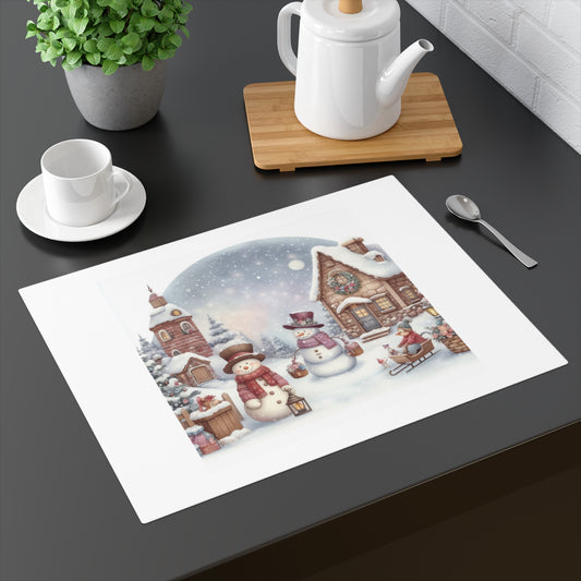 Christmas placemat on a modern dining table featuring a cozy winter village scene with cute snowmen and a snow-covered cottage for festive holiday table decor.