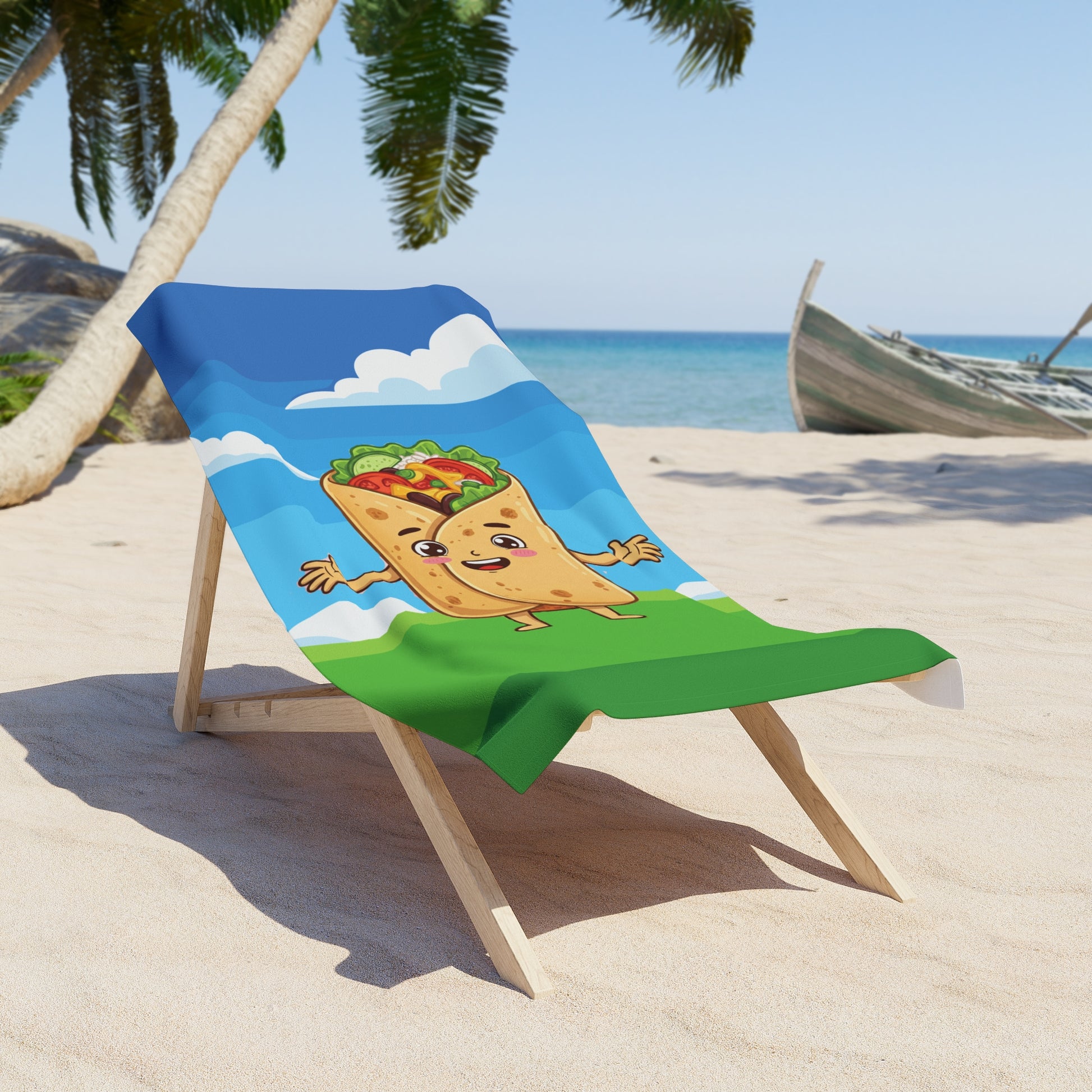 Beach towel with cartoon taco design on a beach chair, palm trees, and ocean in the background