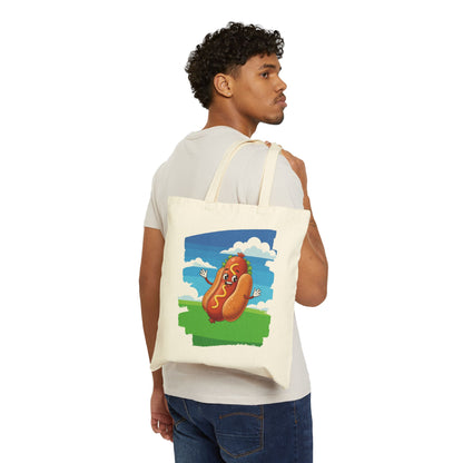 Man holding a tote bag with a cartoon hot dog design on a white background