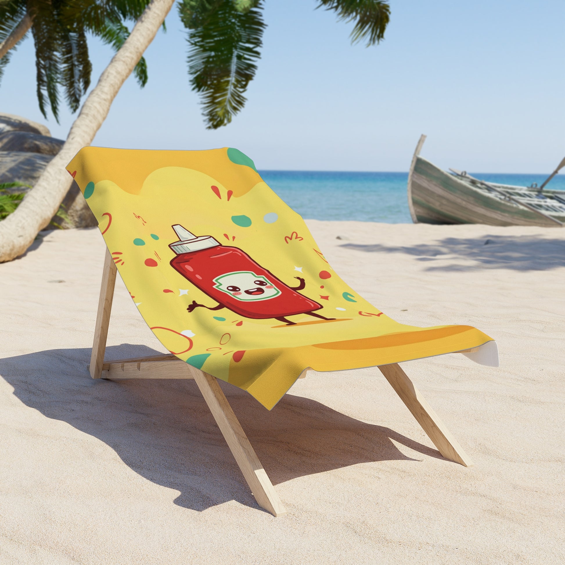 Beach towel with cartoon ketchup bottle design on a sand chair by the beach