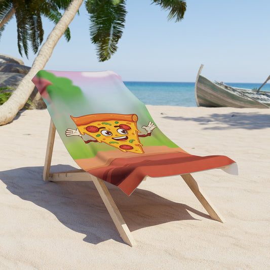 Beach chair with a cartoon pizza slice design on a sandy beach.