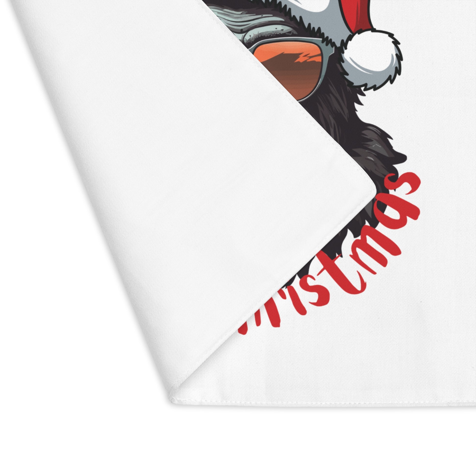 Street Style Christmas Placemat with cool gorilla design on a dark kitchen table. Bold US holiday home decor for non-traditional Christmas fans.