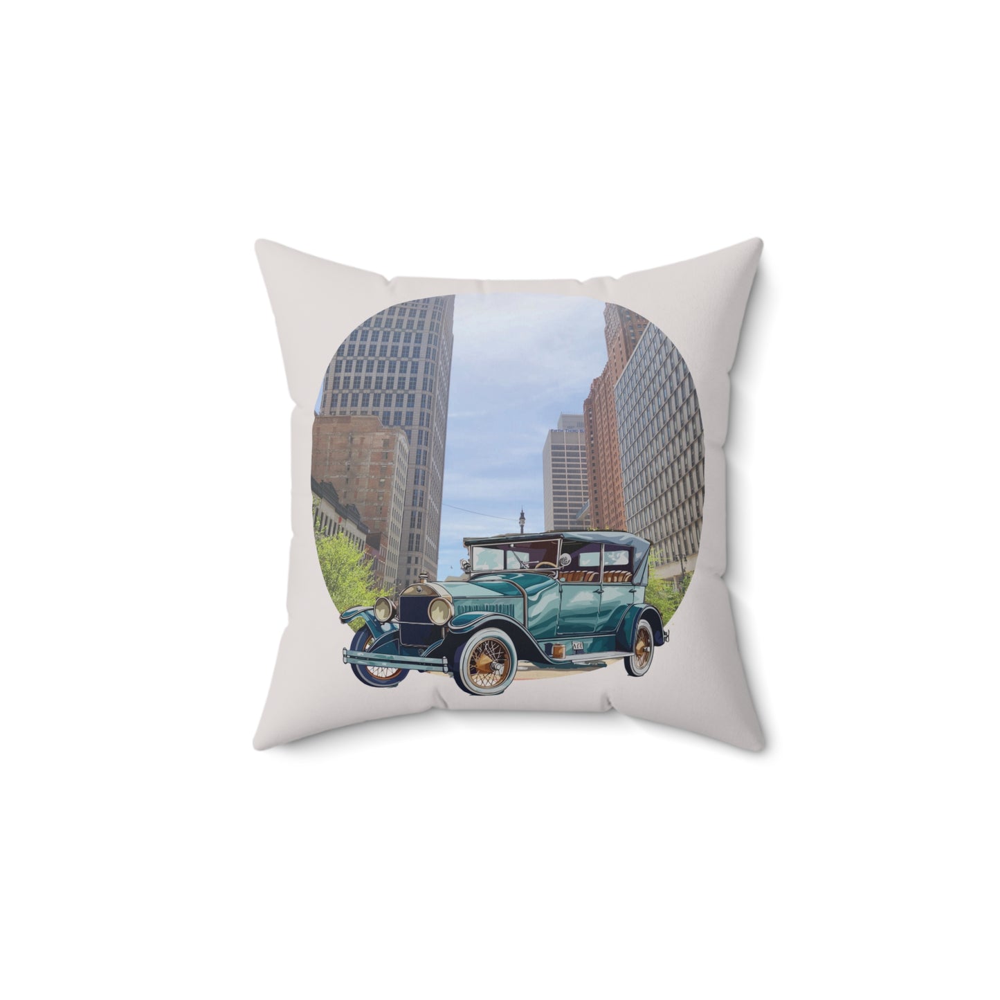 Decorative throw pillow car  with vintage Ford T Atlanta design featuring a cityscape with a Ferris wheel and tall buildings.