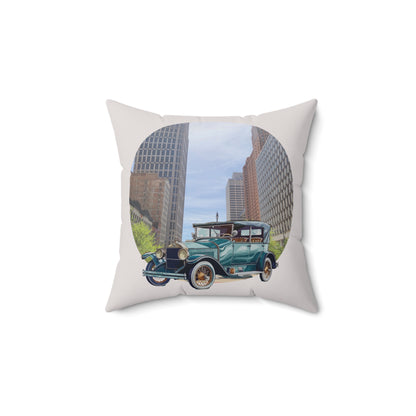Decorative throw pillow car  with vintage Ford T Atlanta design featuring a cityscape with a Ferris wheel and tall buildings.