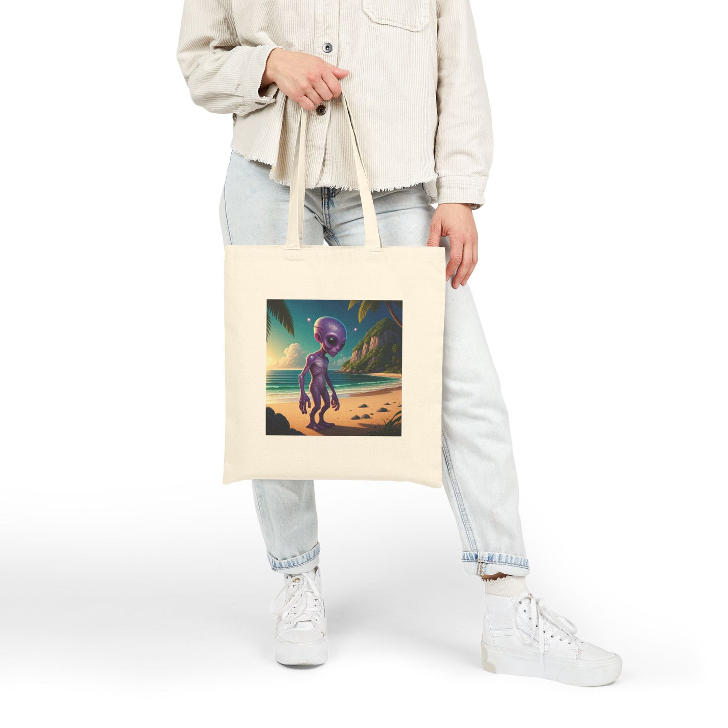Alien at Beach Natural  Tote Bag with unique graphic of an alien walking on a Sunny beach, context woman style