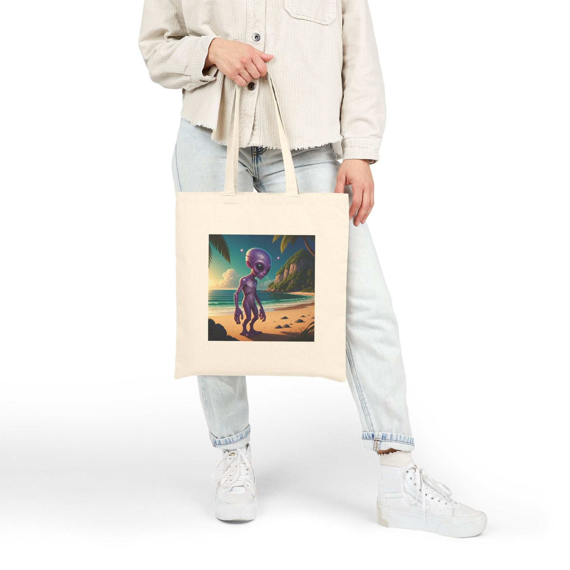 Alien at Beach Natural  Tote Bag with unique graphic of an alien walking on a Sunny beach, context woman style