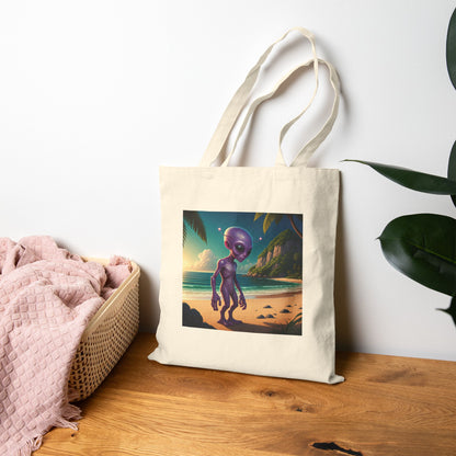 Alien at Beach Natural  Tote Bag with unique graphic of an alien walking on a Sunny beach context on the floor