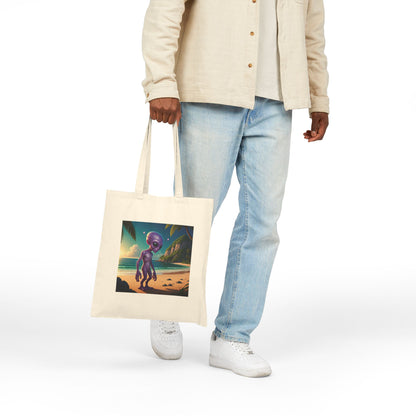 Alien at Beach Natural Tote Bag with unique graphic of an alien walking on a Sunny beach, context man style