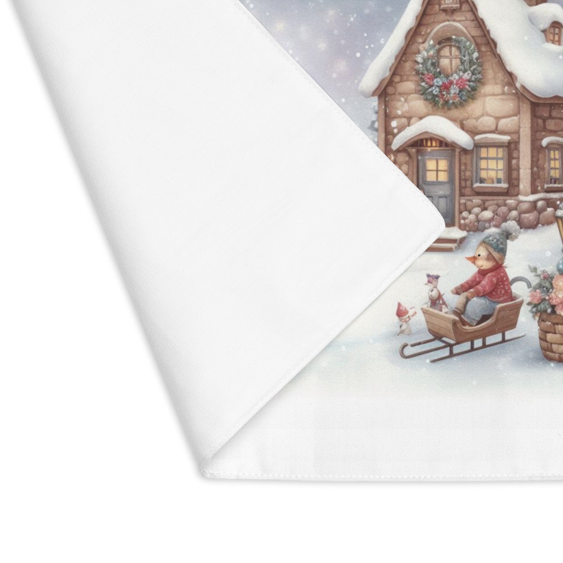 Traditional Winter Placemat showing snowman village design. Holiday home decor ready to stand up to all the Christmas hustle and bustle.