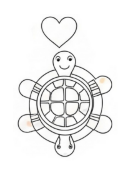 Illustration of a turtle with a heart above, design to color for child 5-8 years old