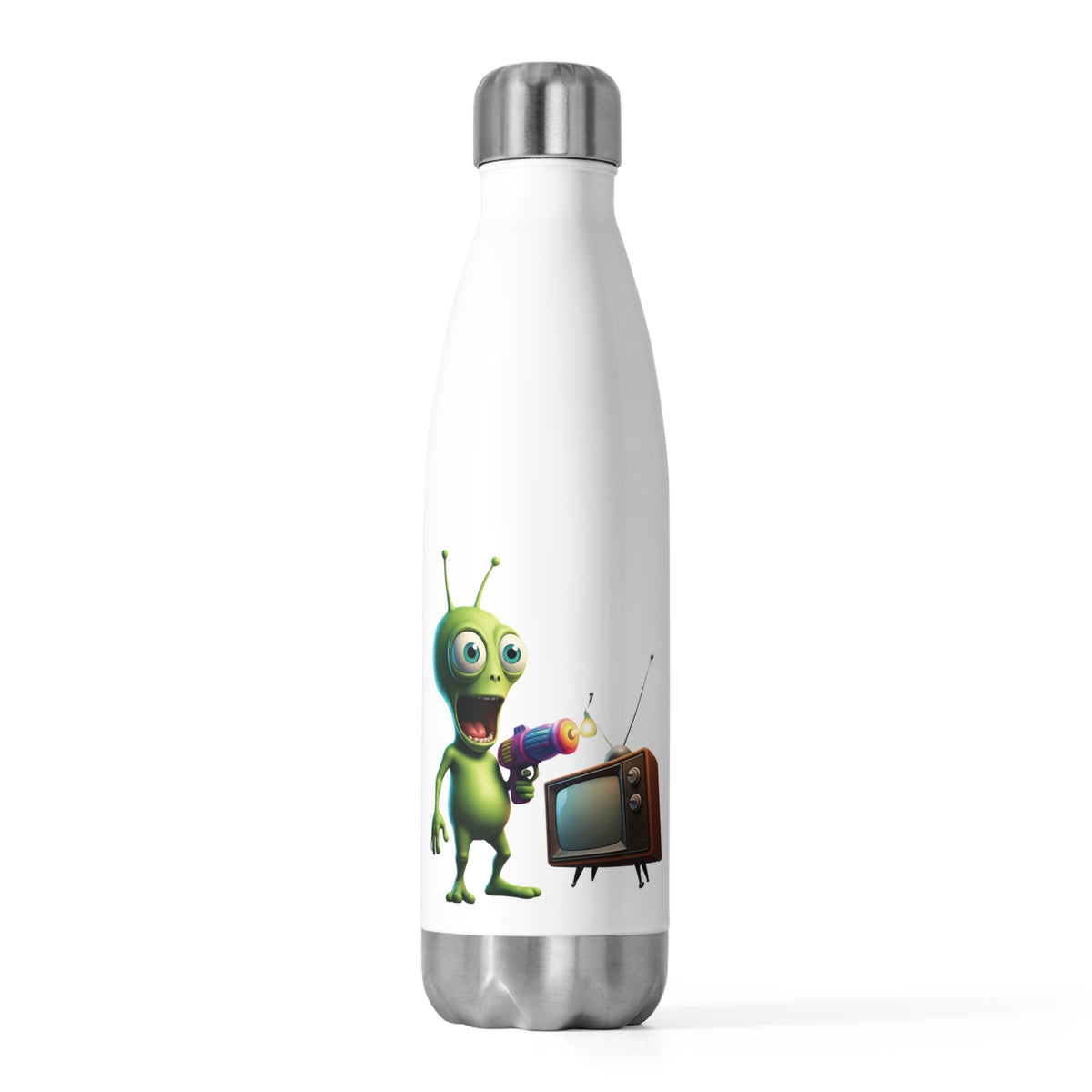 Front studio view of a white stainless steel water bottle displaying a funny green alien holding a remote control next to an old-school television set.