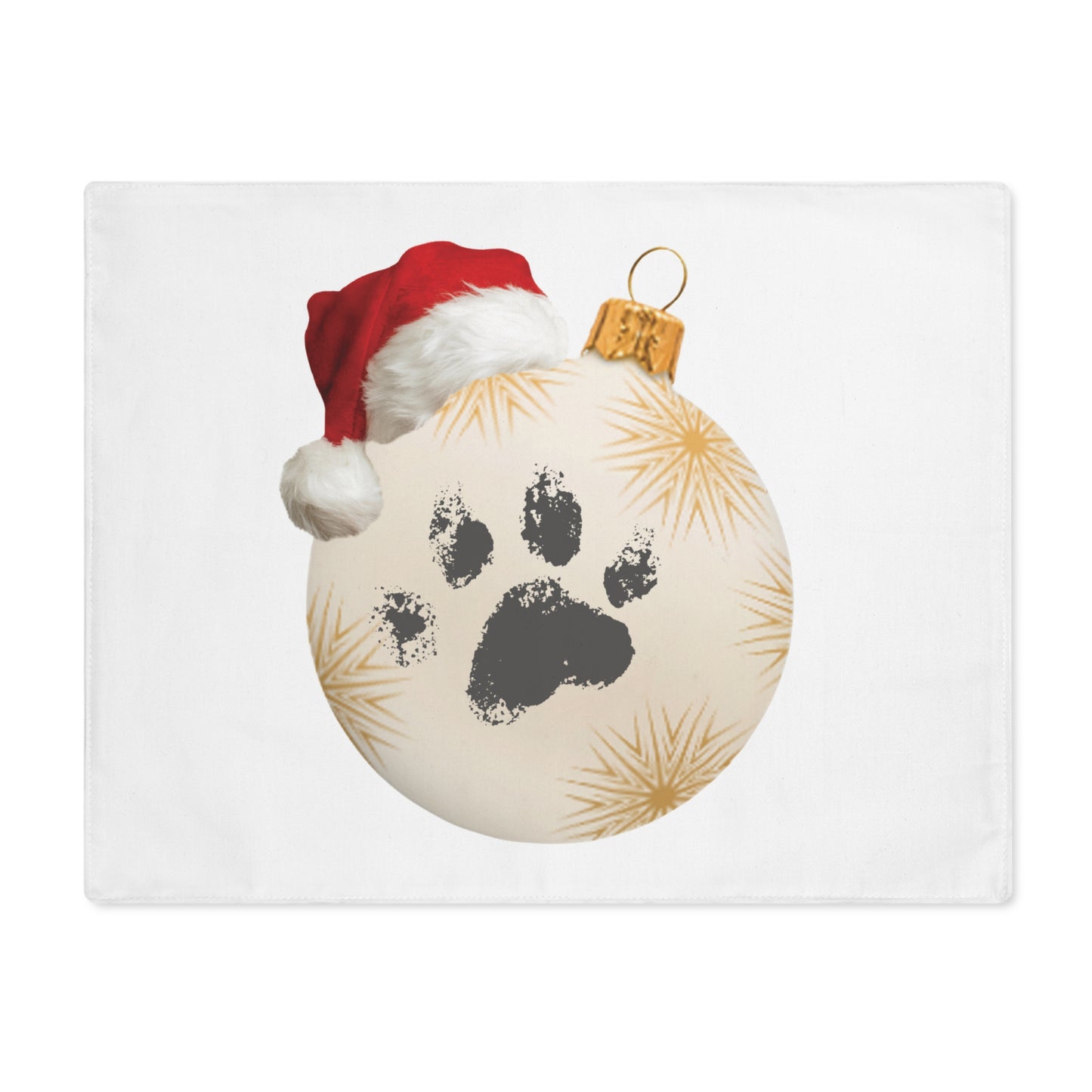 Close-up of the unique animal paw print Christmas ornament on a placemat. High-quality 100% cotton print for great durability and zero thin content.