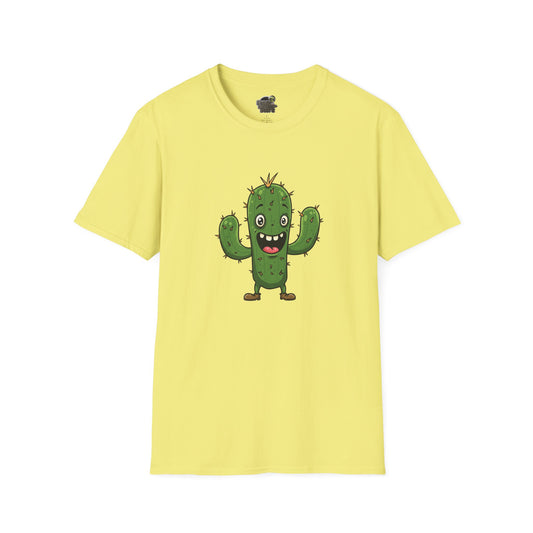 Unique joyfull cactus cartoon design on a cornsilk cotton unisex t-shirt