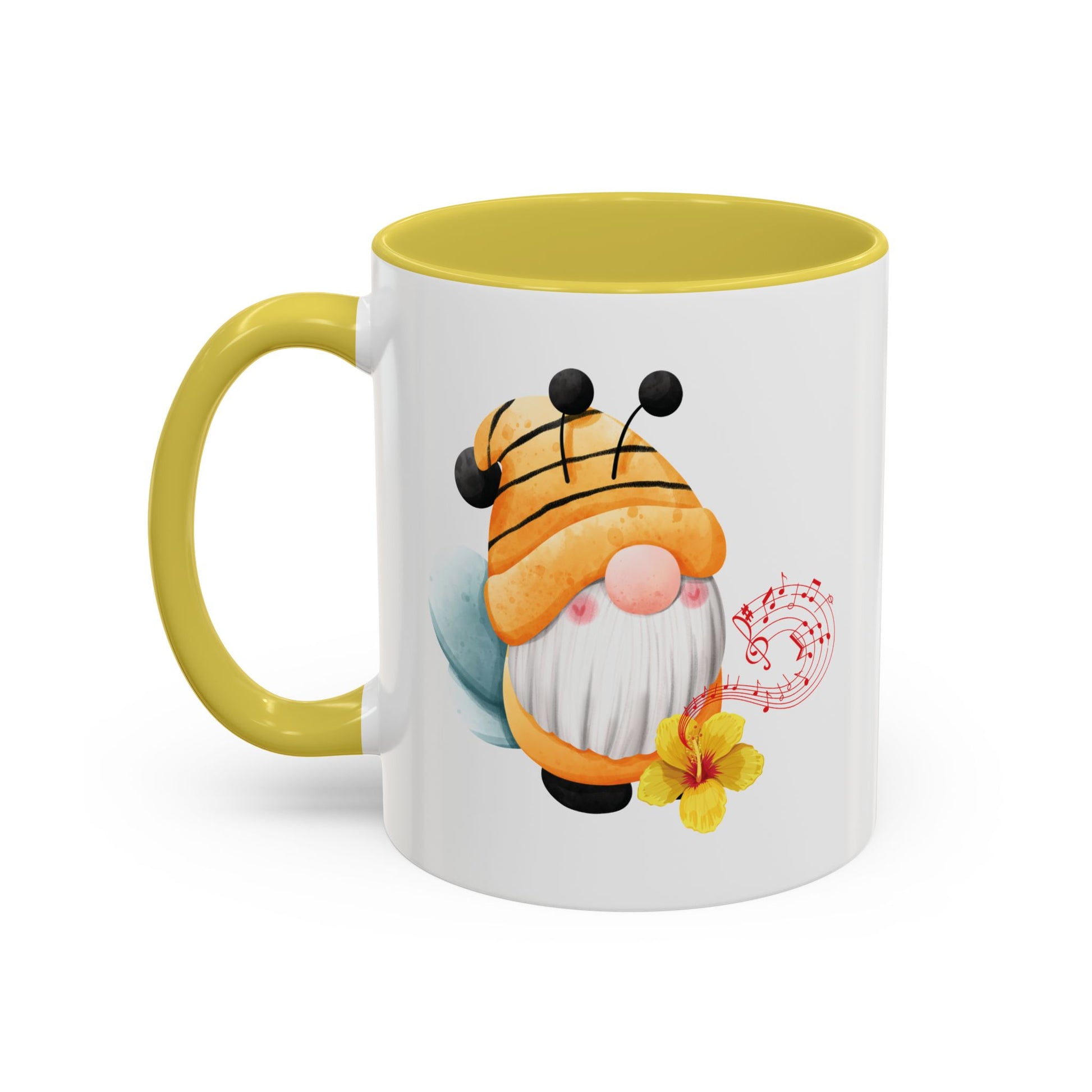 yellow mug with yellow left c-handle with a cartoon bee gnome design