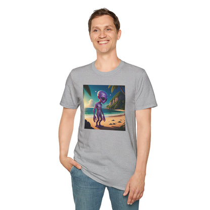 Alien at beach on a grey unisex t-shirt graphic, man model