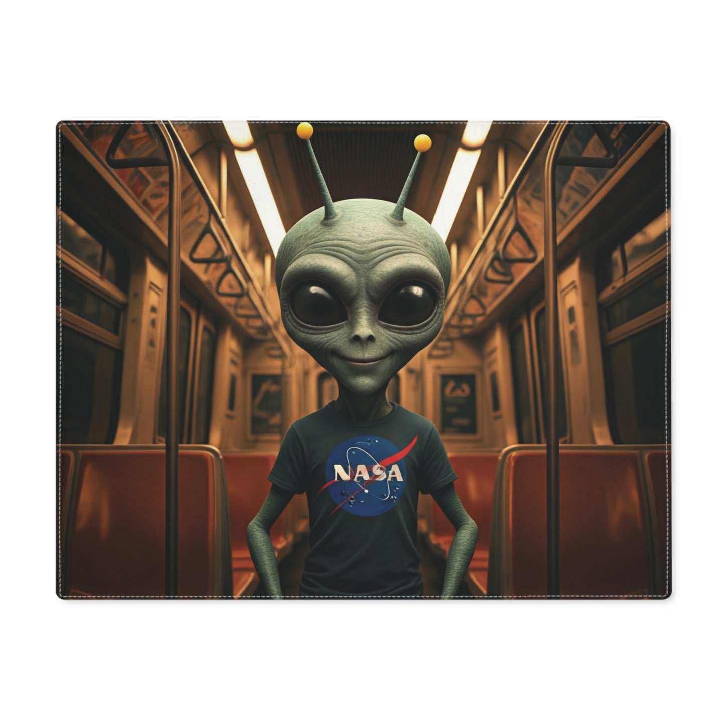 Alien wearing a NASA shirt on a subway car background