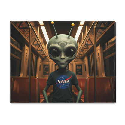 Alien wearing a NASA shirt on a subway car background
