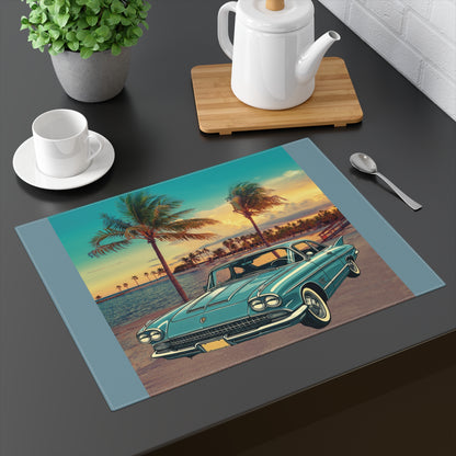Vintage blue Cadillac Eldorado parked by tropical palm trees at sunset on a cotton placemat.