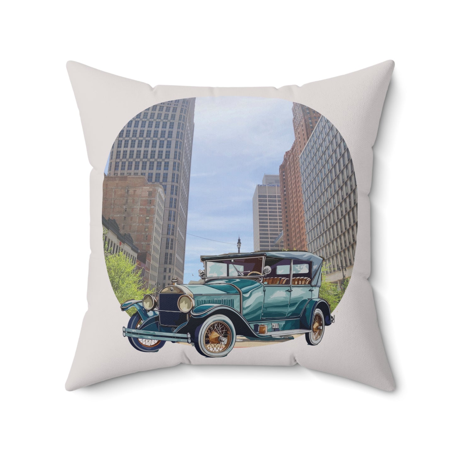 Decorative throw pillow with vintage Ford T Atlanta car design featuring a cityscape with a Ferris wheel and tall buildings.