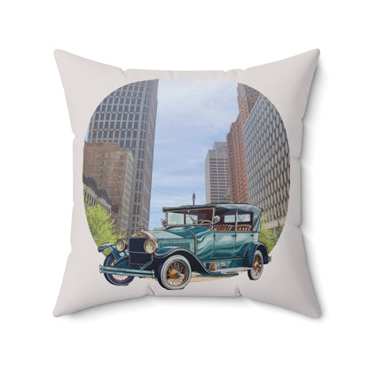 Decorative throw pillow with vintage Ford T Atlanta car design featuring a cityscape with a Ferris wheel and tall buildings.