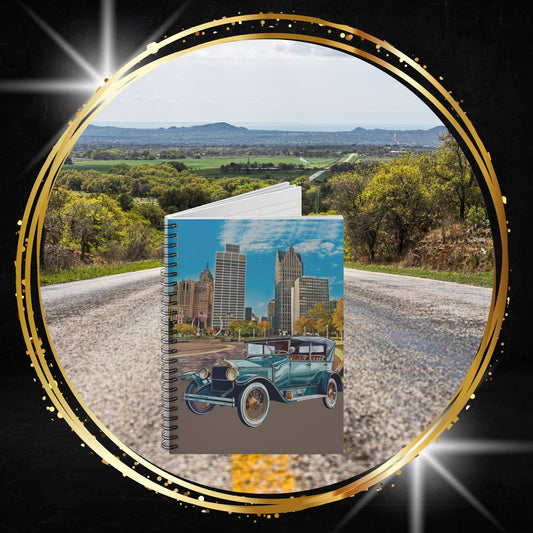 1920s Classic Touring Car Detroit Skyline Spiral Notebook | Vintage Motor City Journal