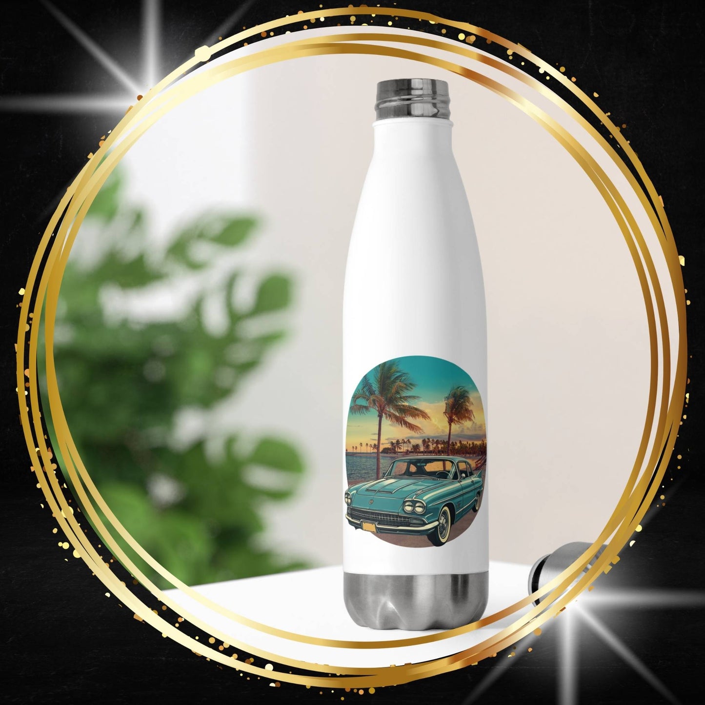 White water bottle with a vintage car and palm tree design, a vintage Cadillac eldorado for a retro Ater bottles style