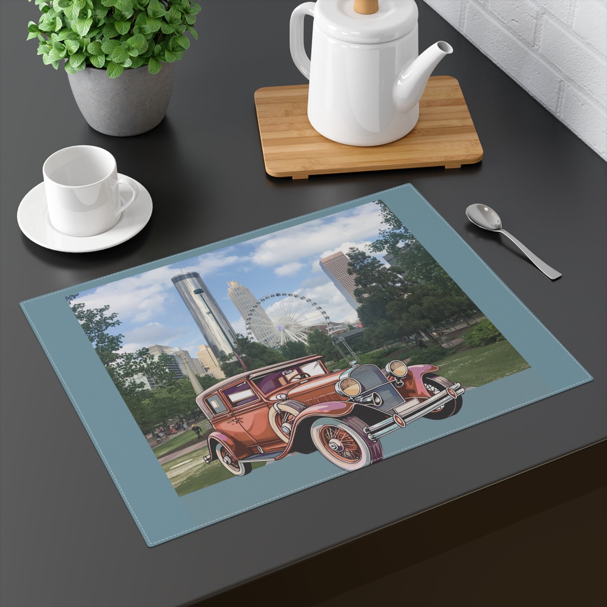 Antique red luxury car parked near a Ferris wheel on a high-quality cotton placemat.