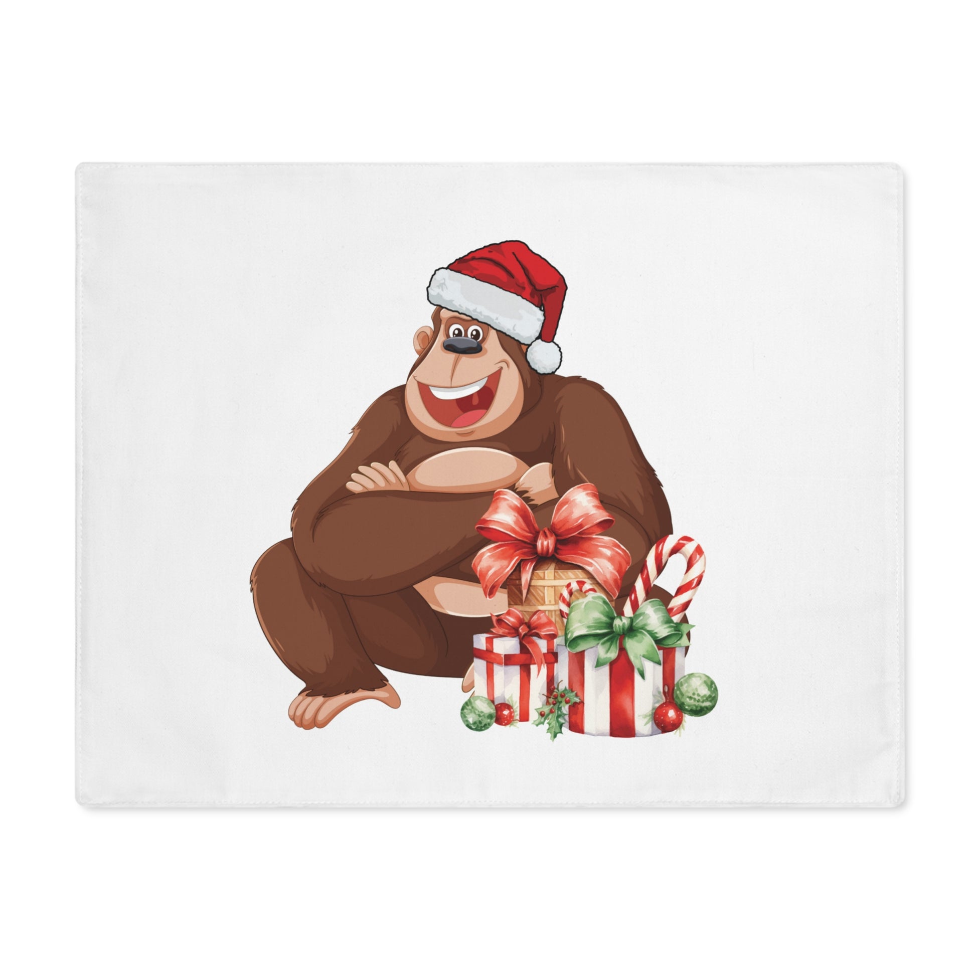 Close-up of funny Christmas Gorilla Placemat. High-quality print, pre-constructed for great quality and ready to handle spills from that weird uncle.