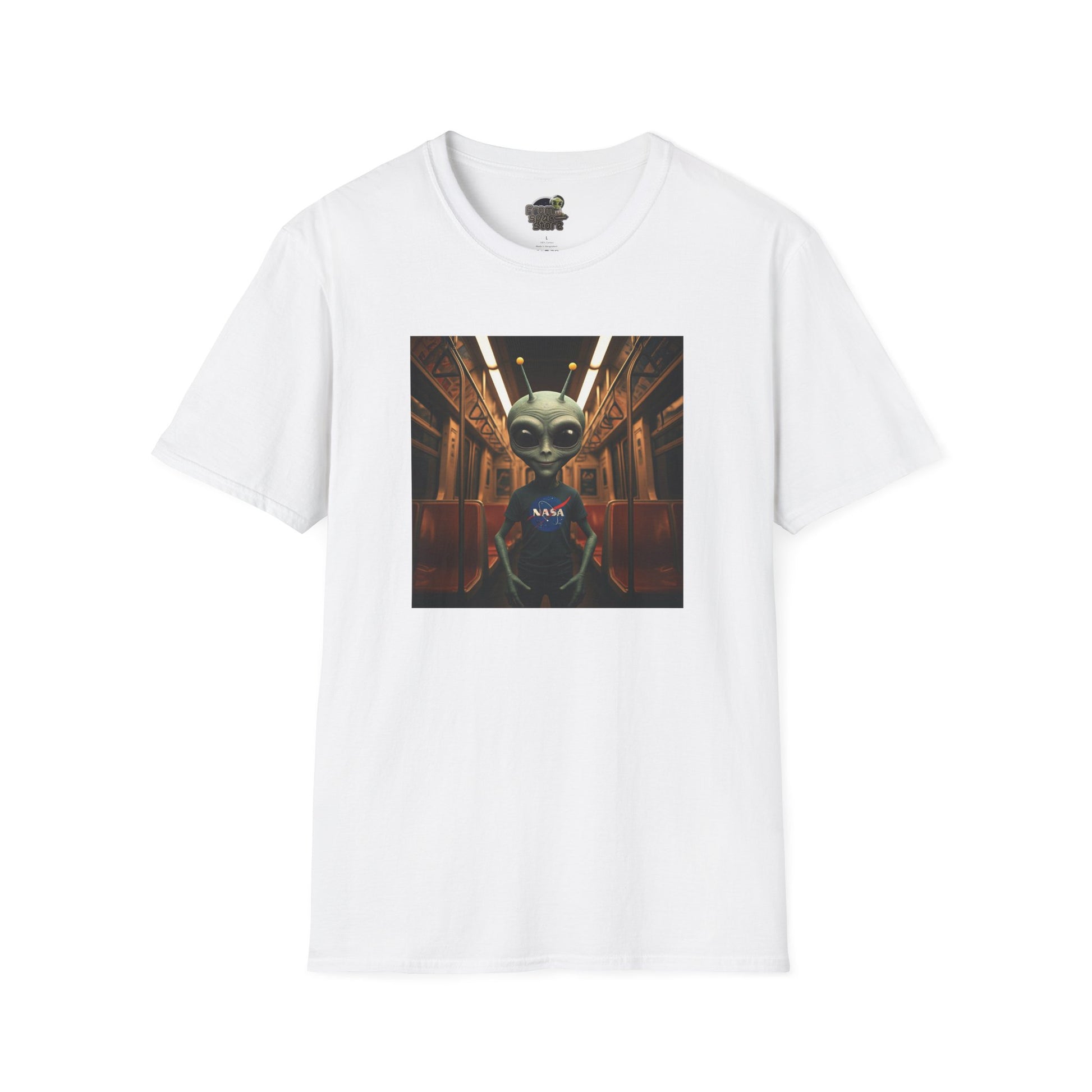 white Unisex alien in subway T-shirt: funny and modern graphic tee
